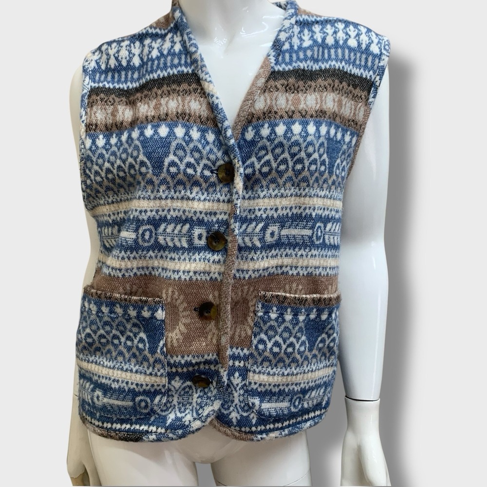 Vintage Memphis Wool‎ Blend Sweater Vest Button Pocket M Ski Western Blue Beige